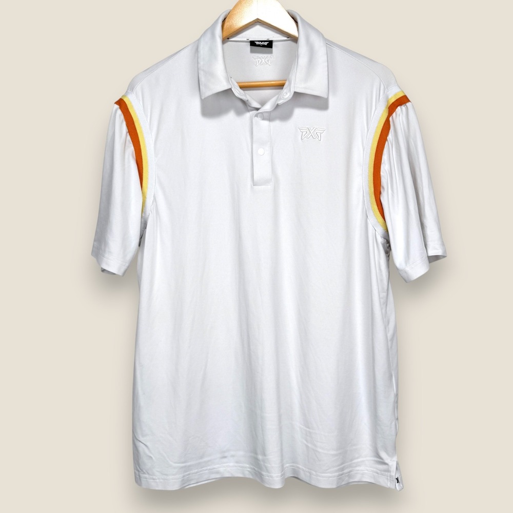 PXG Parsons Xtreme Golf Performance Polo Shirt‎ Men Medium White Striped Wicking